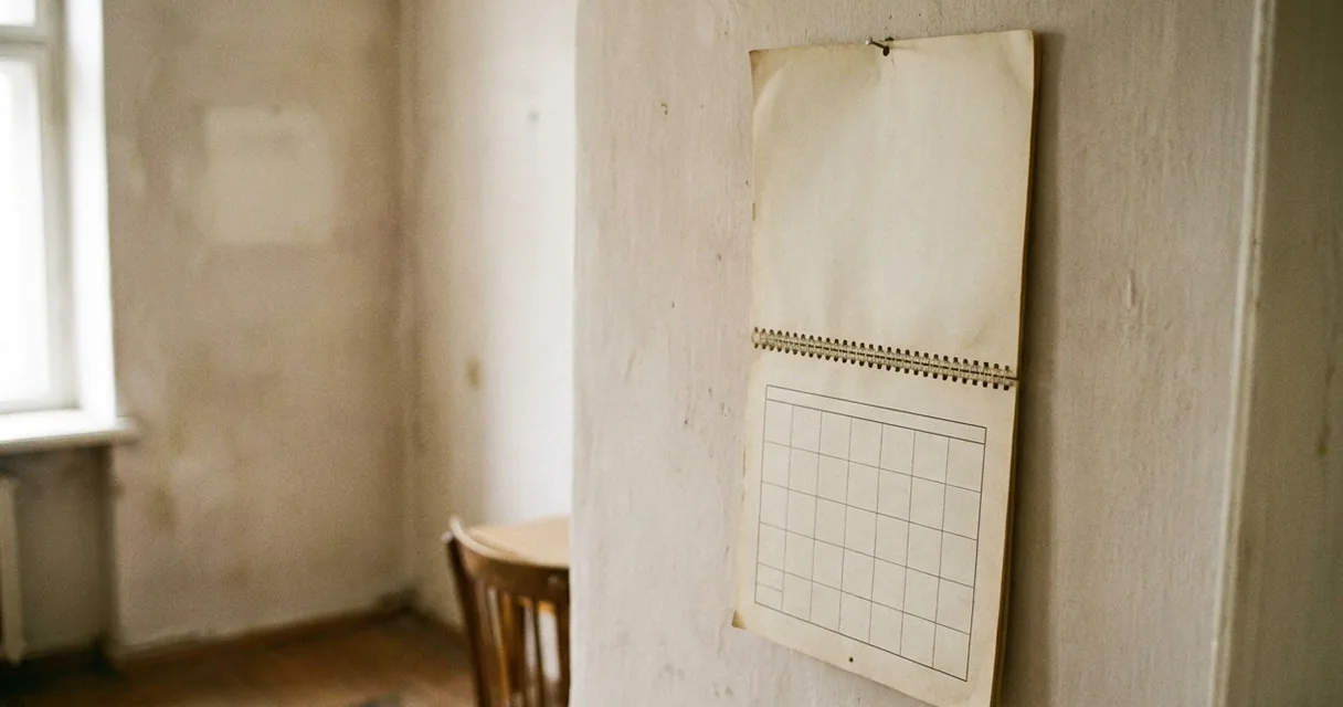Calendário de parede de papel com a grade de dias em branco, pendurado em parede clara