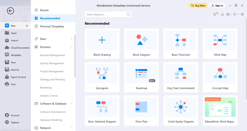 Tela de um programa de diagramas exibindo modelos prontos