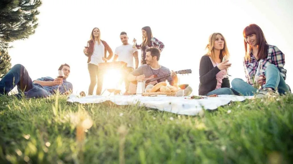 Grupo de amigos num piquenique sobre o gramado, ao pôr do sol