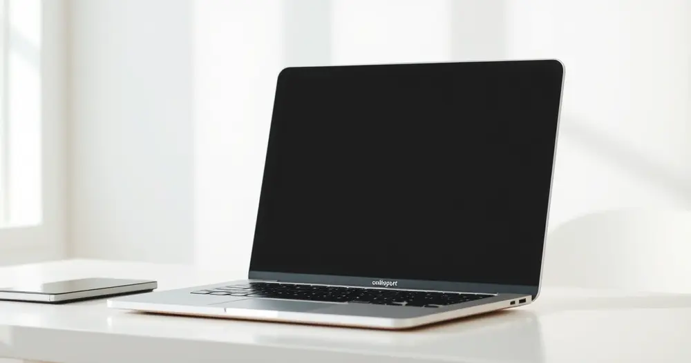notebook aberto com tela apagada sobre mesa branca em ambiente claro