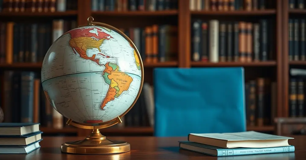 Globo terrestre de mesa ao lado de livros, num escritório