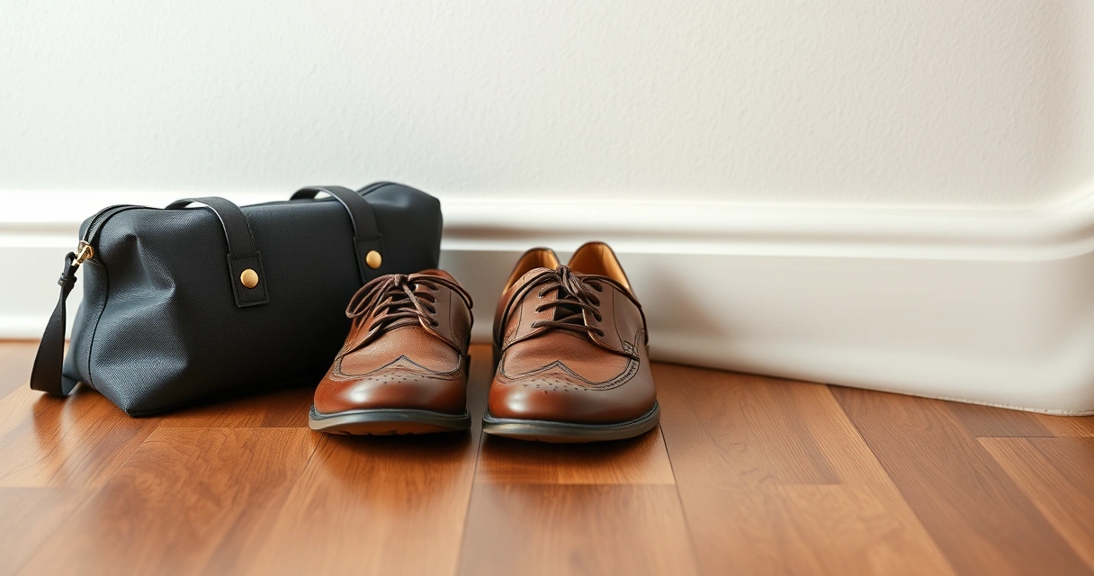 Par de sapatos sobre piso de madeira, ao lado de uma bolsa