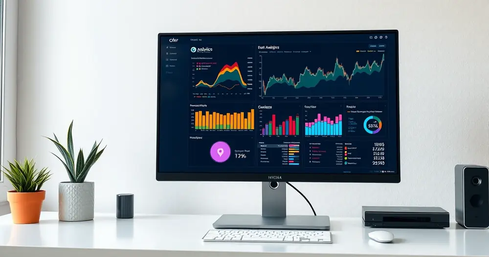 Monitor exibindo gráficos coloridos sobre uma mesa organizada