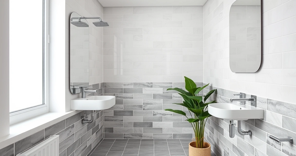 Banheiro moderno e limpo, com azulejos e uma planta