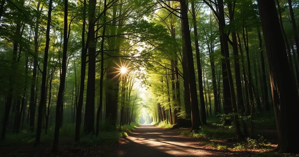 Trilha na mata com a luz do sol atravessando as copas