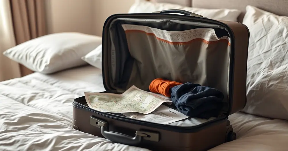 Mala aberta com roupas dobradas e um mapa de papel sobre a cama