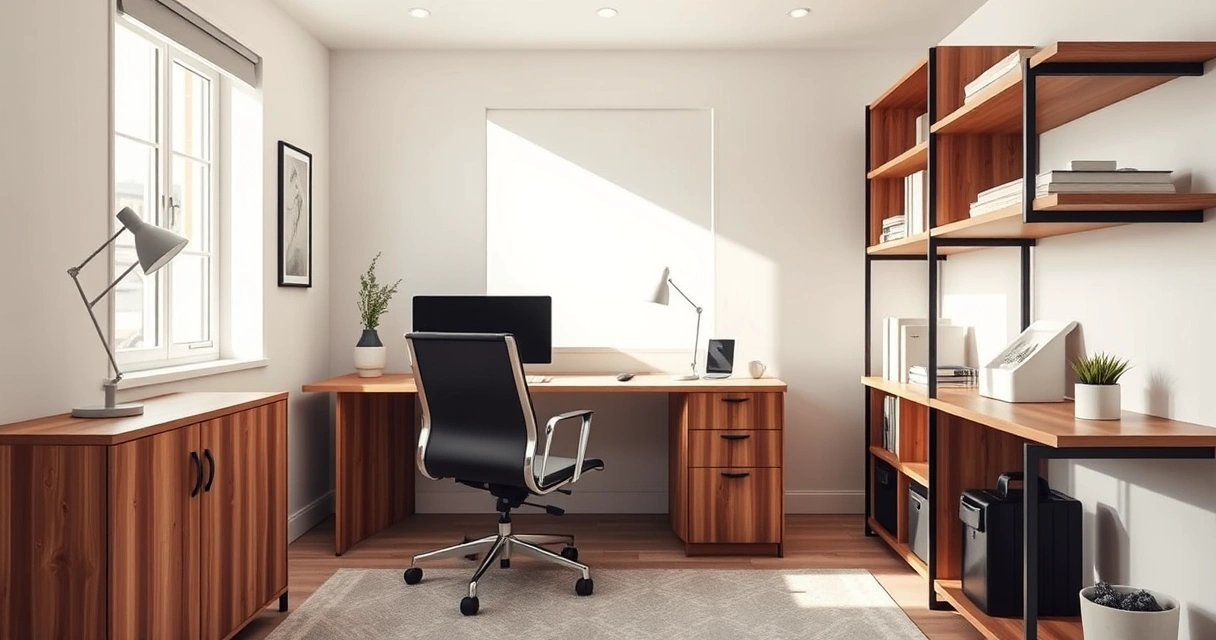 Escritório compacto em casa, com mesa, cadeira e prateleiras