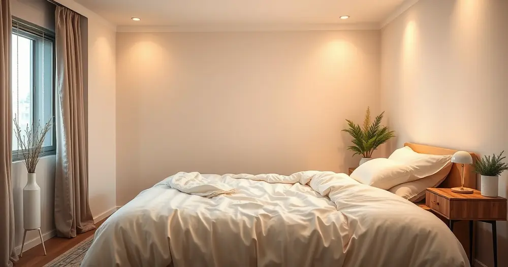 Quarto tranquilo com roupa de cama macia e luz baixa