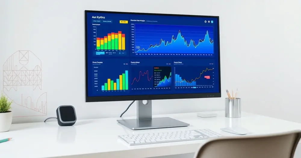 Monitor exibindo gráficos coloridos sobre uma mesa organizada