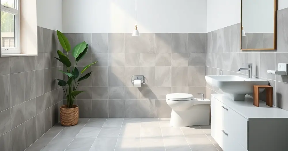 Banheiro moderno e limpo, com azulejos e uma planta