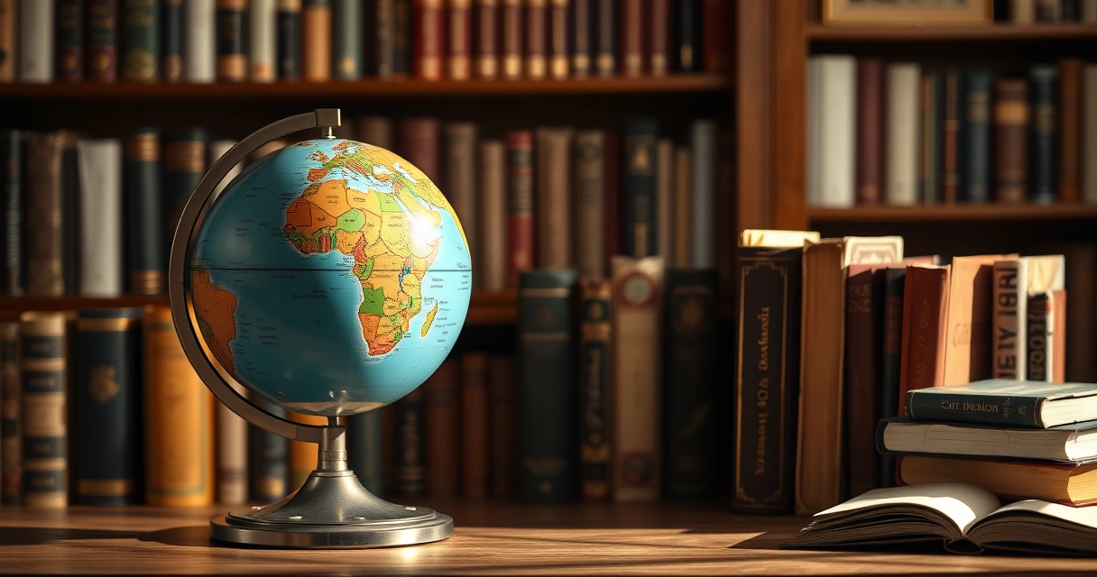 Globo terrestre de mesa ao lado de livros, num escritório