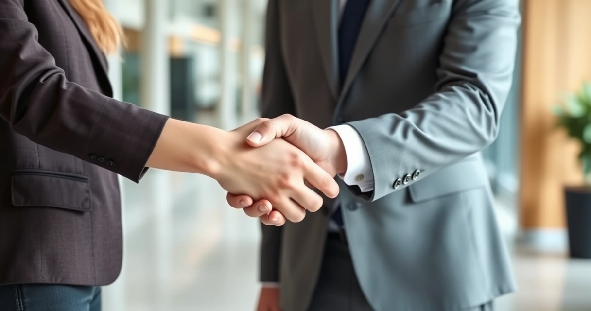 Duas pessoas apertando as mãos no saguão de um escritório