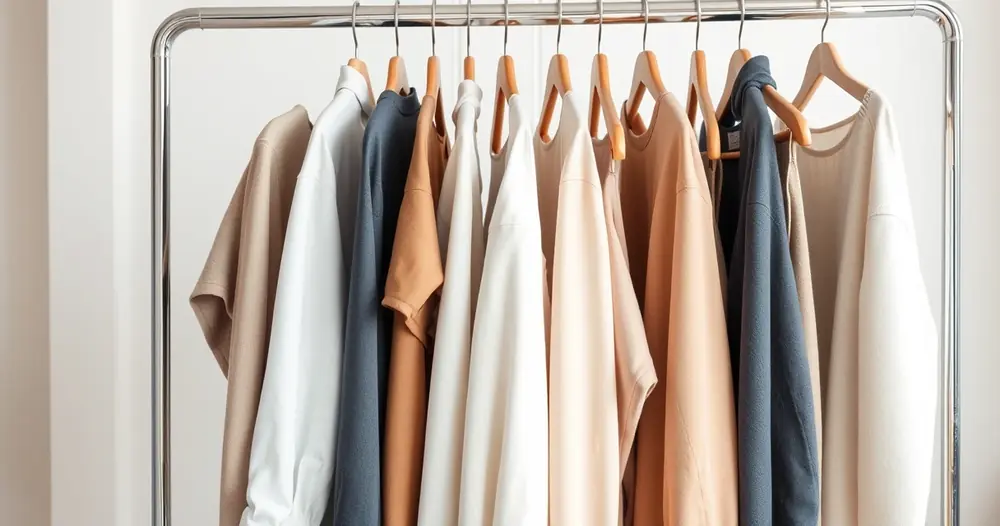 Arara com roupas de tons neutros num ambiente claro