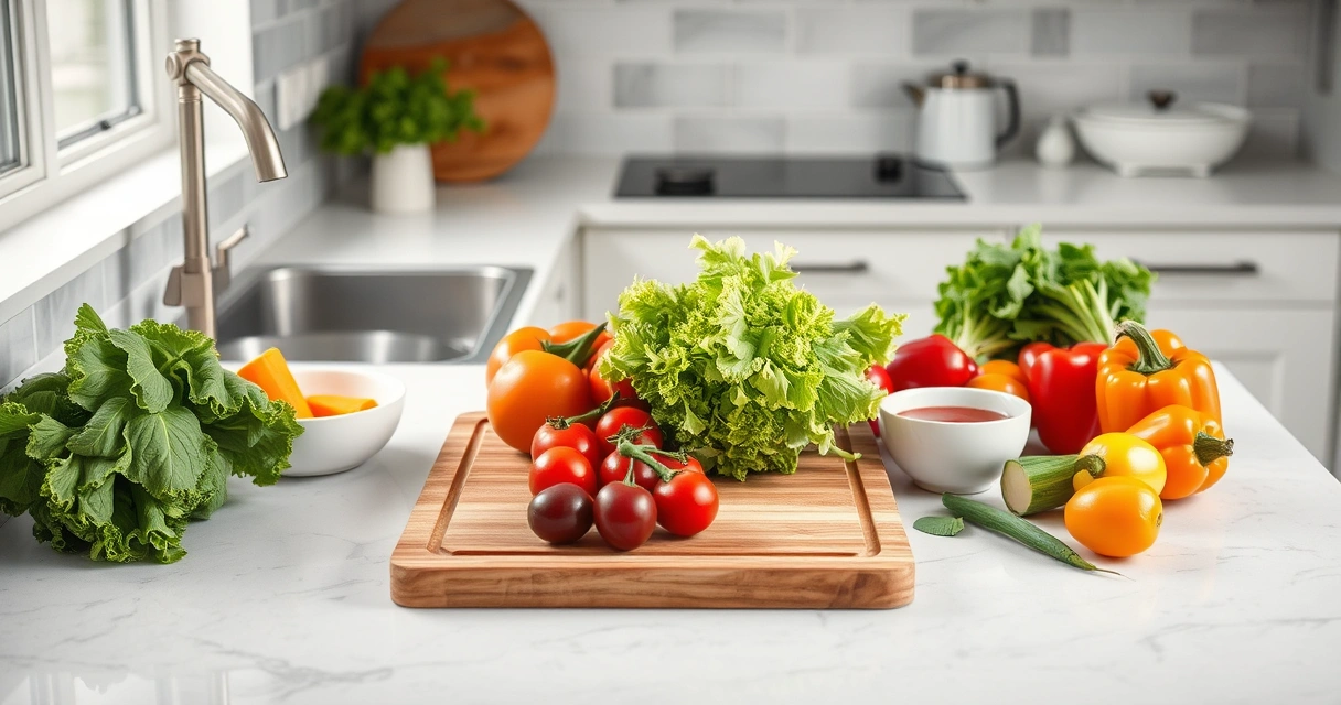 Bancada de cozinha com tábua, tigelas e legumes frescos