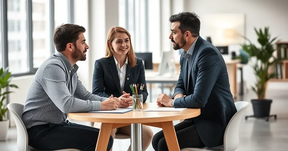 Três pessoas conversando ao redor de uma mesa num escritório claro
