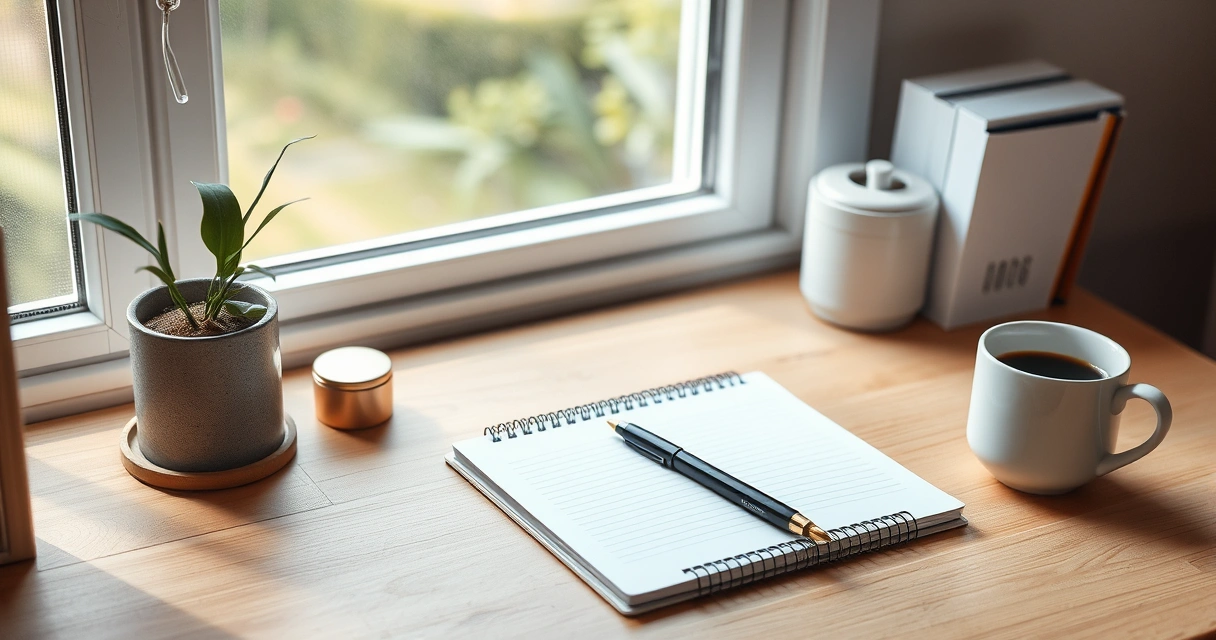 Escrivaninha organizada com caderno, caneta e xícara de café