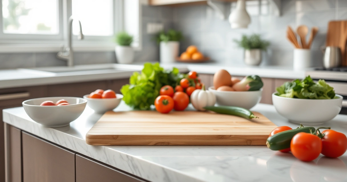 Bancada de cozinha com tábua, tigelas e legumes frescos