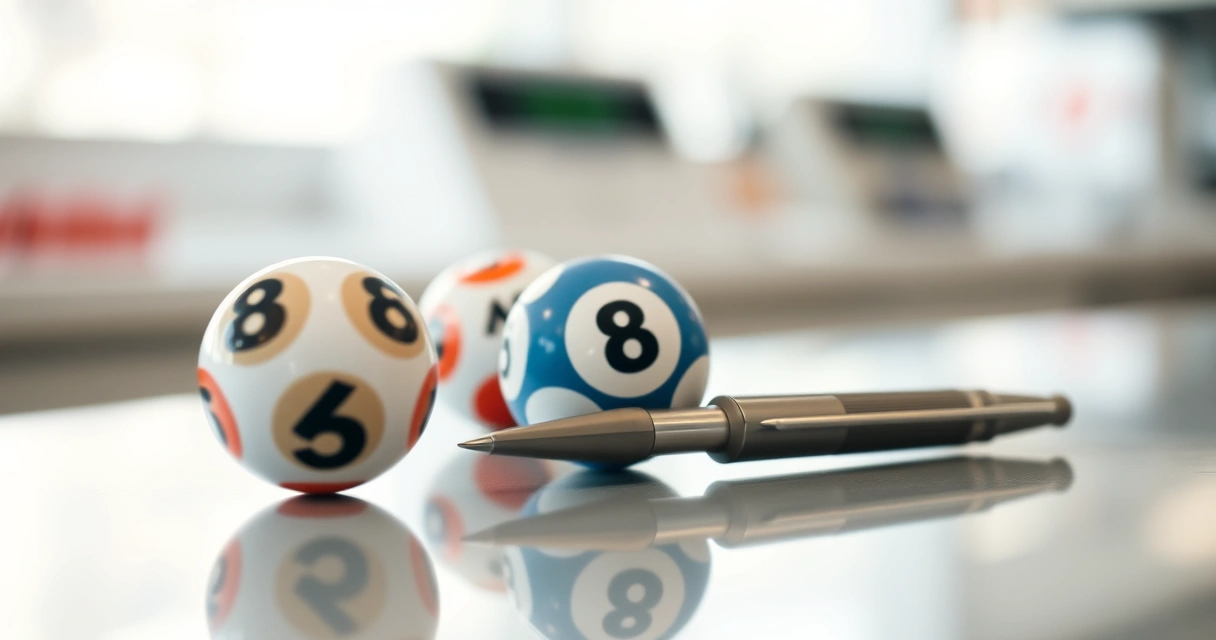 Bolas de sorteio e uma caneta sobre um balcão