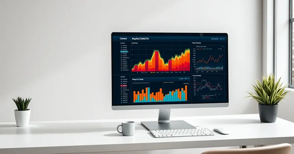 Monitor exibindo gráficos coloridos sobre uma mesa organizada