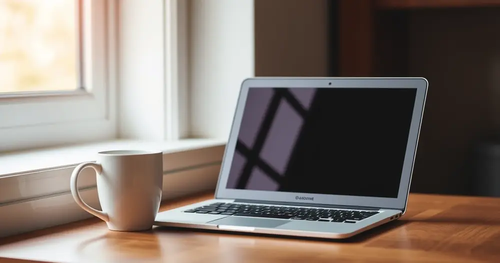 Notebook aberto sobre mesa de madeira, ao lado de uma caneca