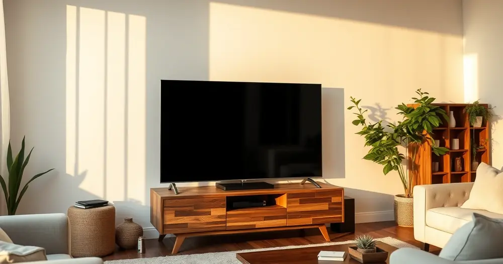 Televisão sobre um rack de madeira numa sala arrumada