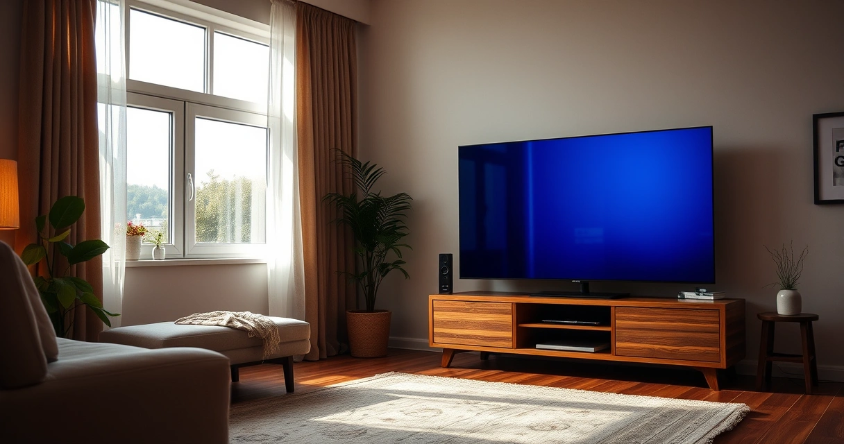 Televisão sobre um rack de madeira numa sala arrumada
