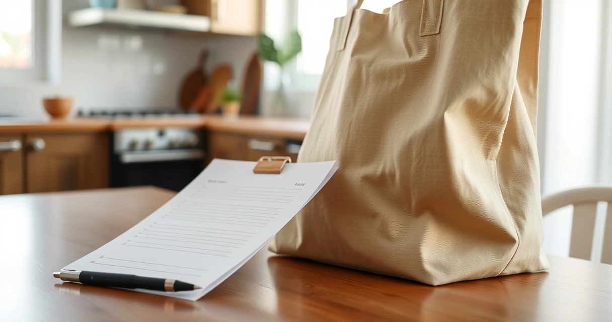 Lista de papel e caneta ao lado de uma sacola na bancada da cozinha