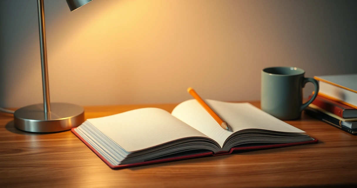 Caderno aberto, lápis e uma caneca sobre a mesa de estudo