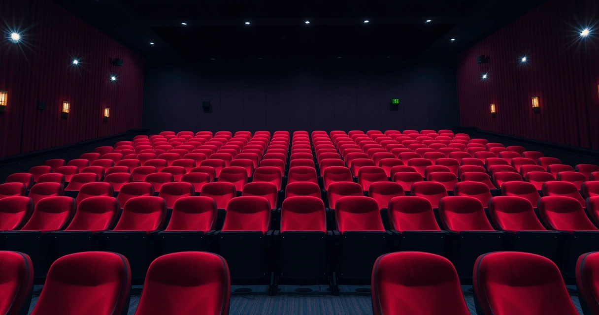 Sala de cinema vazia, com poltronas vermelhas e luz baixa