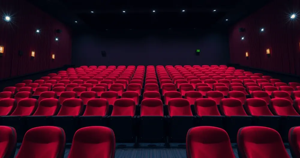 Sala de cinema vazia, com poltronas vermelhas e luz baixa