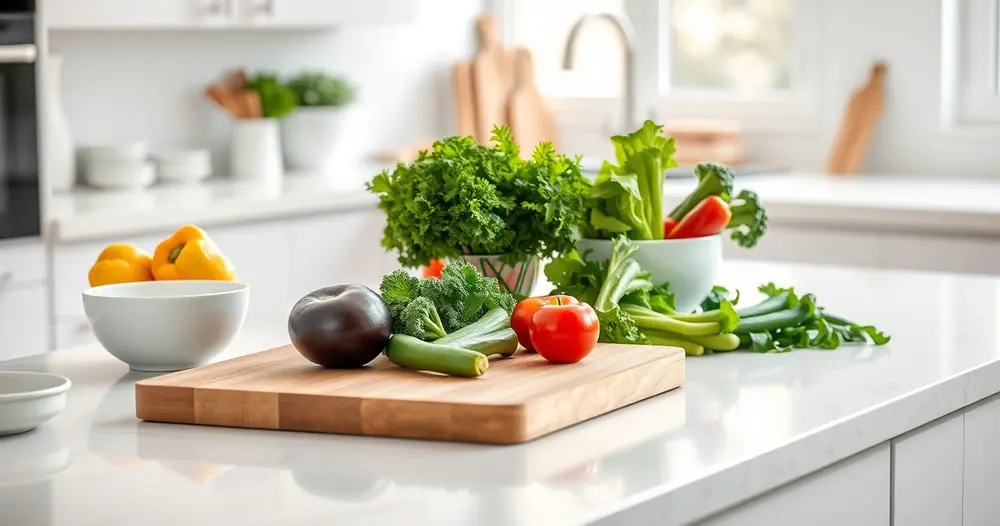 Bancada de cozinha com tábua, tigelas e legumes frescos