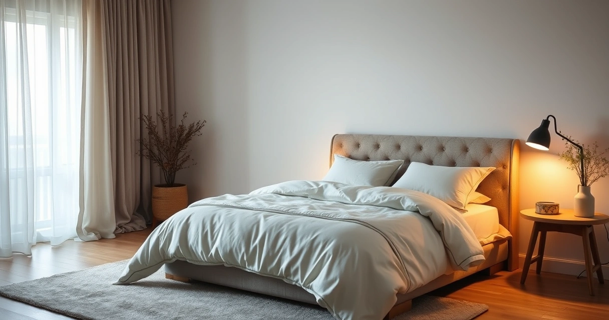 Quarto tranquilo com roupa de cama macia e luz baixa
