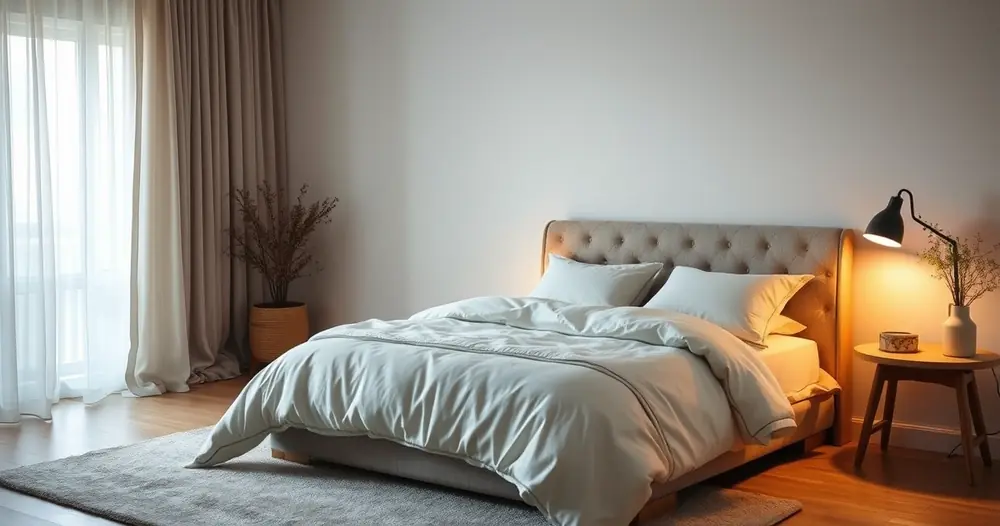 Quarto tranquilo com roupa de cama macia e luz baixa