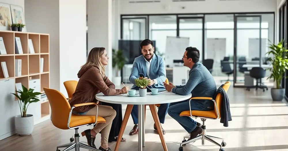 Três pessoas conversando ao redor de uma mesa num escritório claro