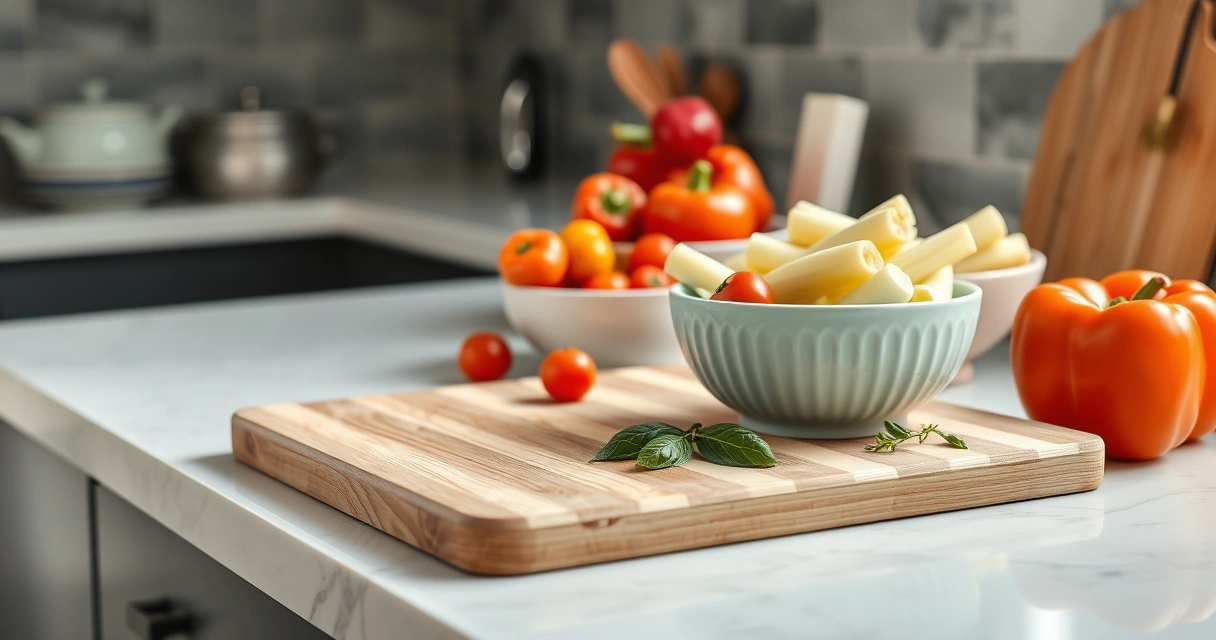 Bancada de cozinha com tábua, tigelas e legumes frescos