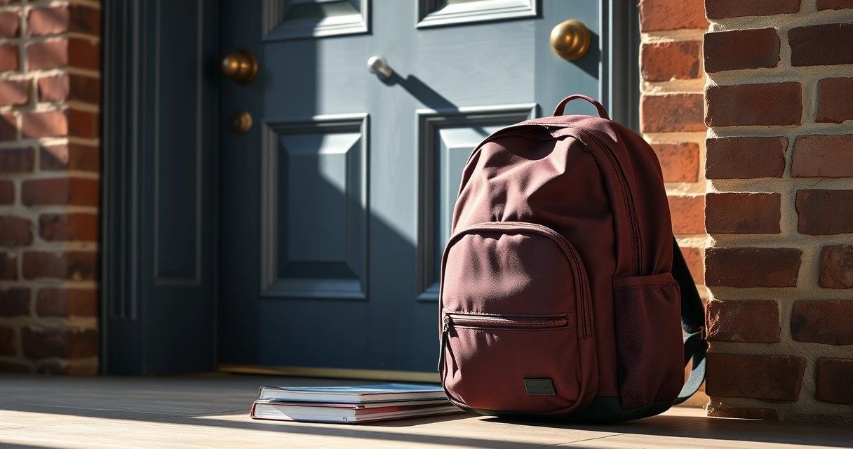 Mochila escolar e cadernos junto à porta, pela manhã
