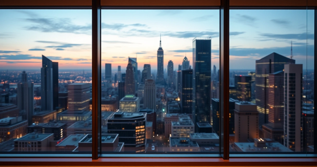 Janela de escritório com vista para a cidade ao anoitecer