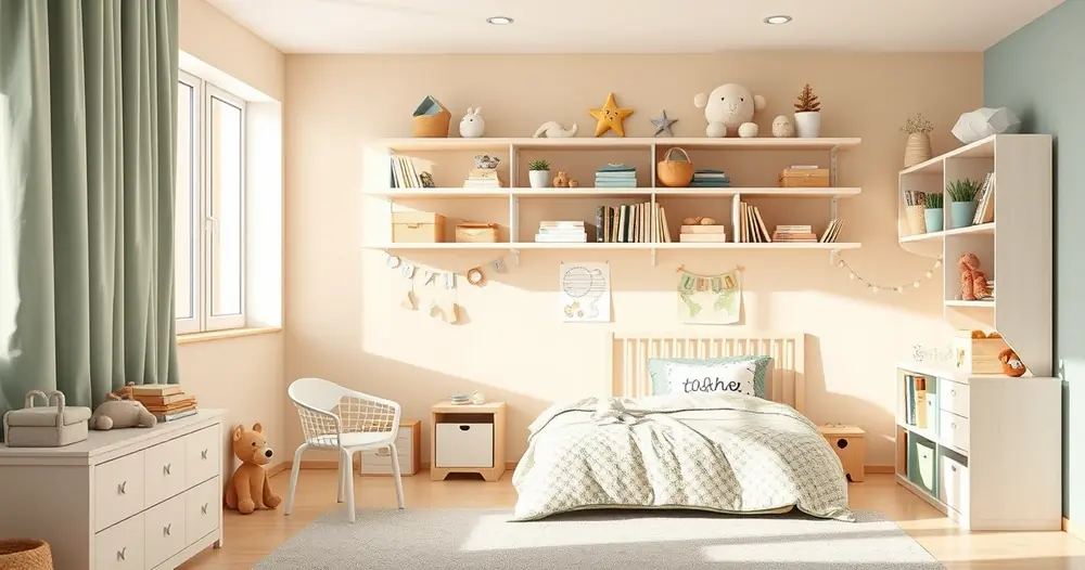 Quarto infantil arrumado, com prateleiras e cores suaves