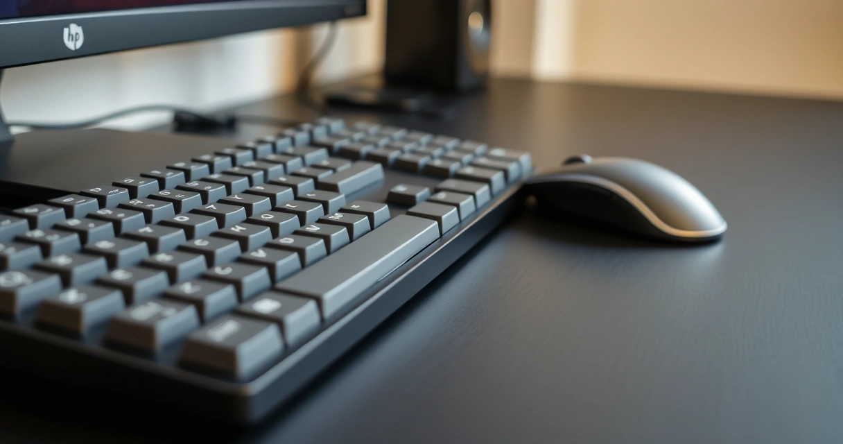 Close de um teclado mecânico e um mouse sobre mesa escura