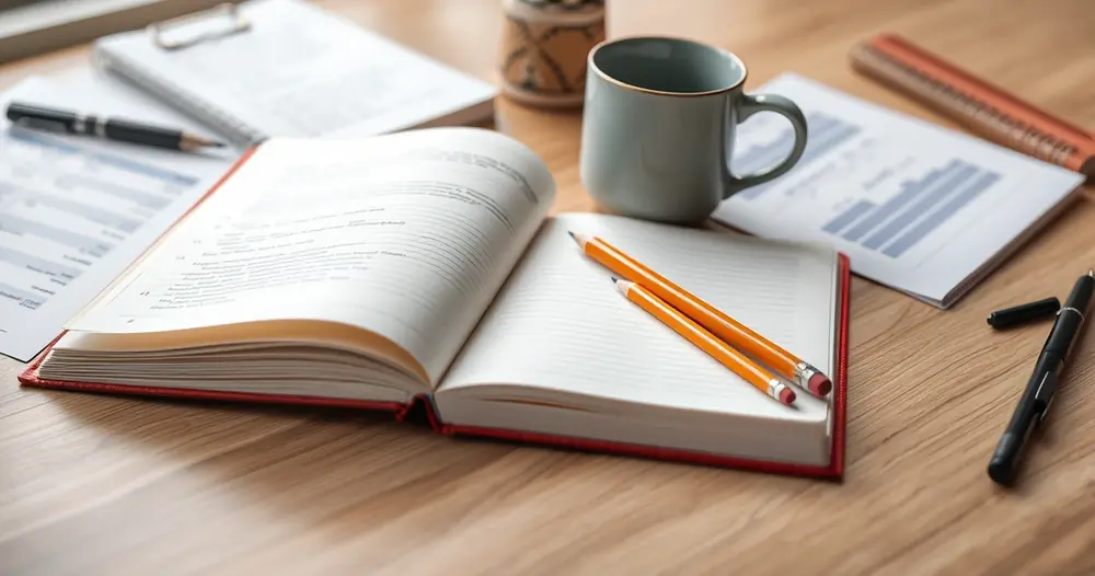 Caderno aberto, lápis e uma caneca sobre a mesa de estudo