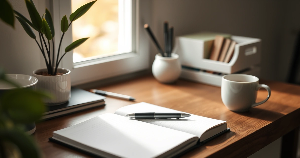 Escrivaninha organizada com caderno, caneta e xícara de café