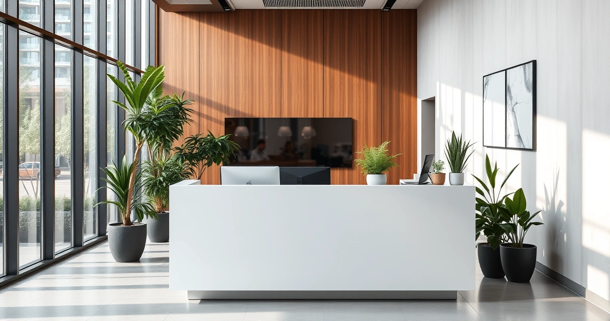 Recepção de escritório com plantas e luz natural pelo vidro