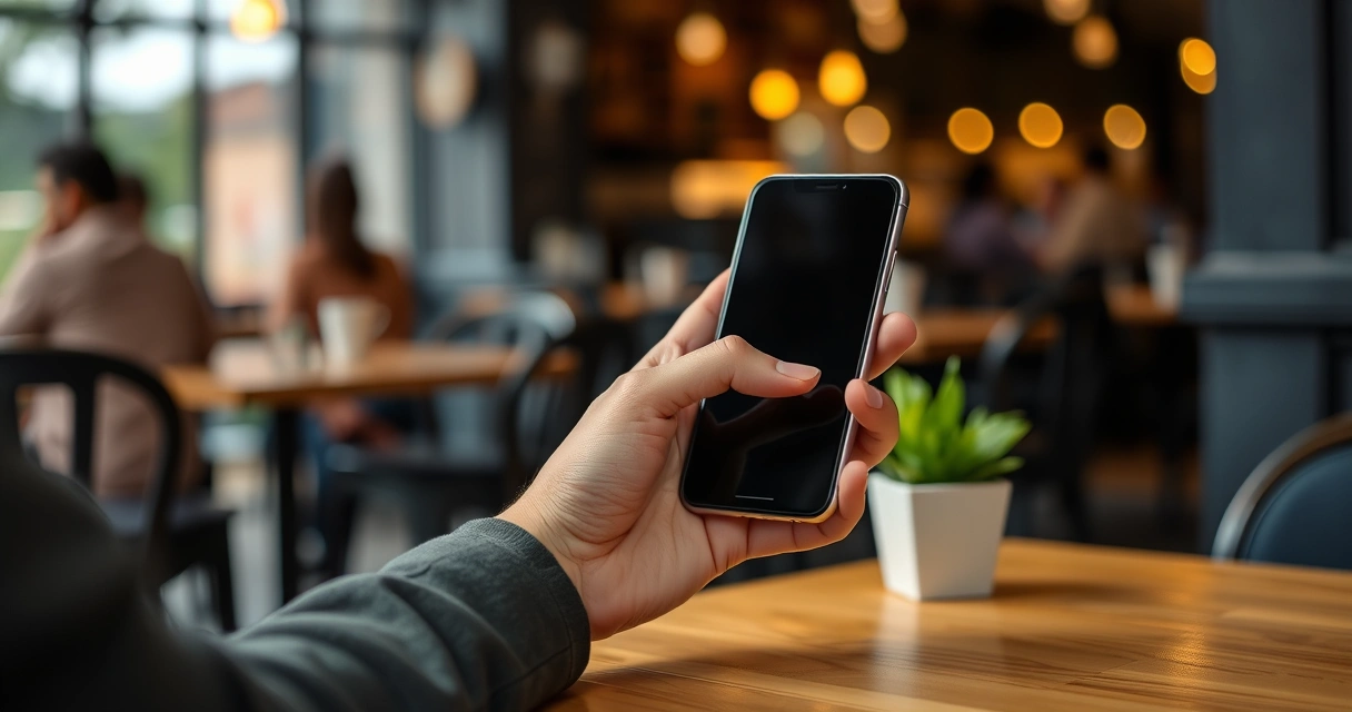 Pessoa segurando um celular na mesa de uma cafeteria