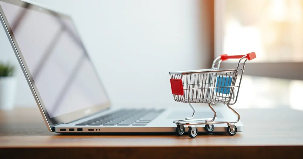 Carrinho de compras em miniatura ao lado de um notebook