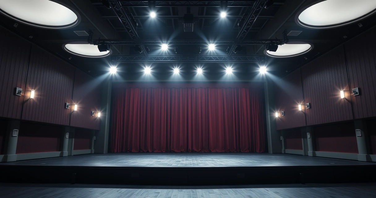 Refletores sobre um palco de teatro vazio