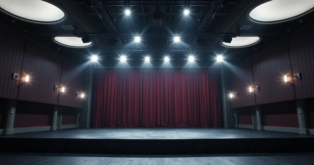 Refletores sobre um palco de teatro vazio
