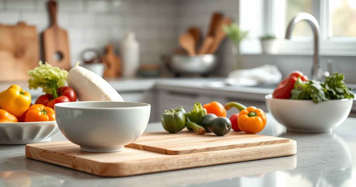Bancada de cozinha com tábua, tigelas e legumes frescos