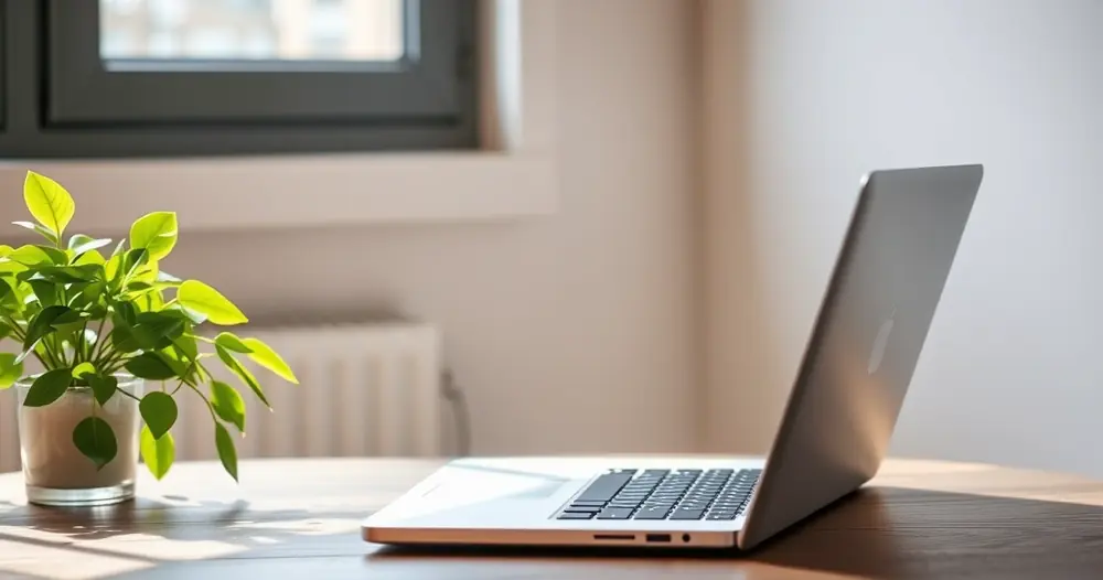 Notebook aberto sobre a mesa, com uma planta ao lado
