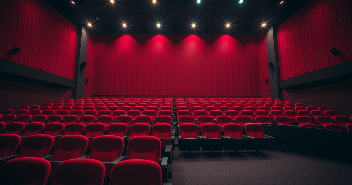 Sala de cinema vazia, com poltronas vermelhas e luz baixa
