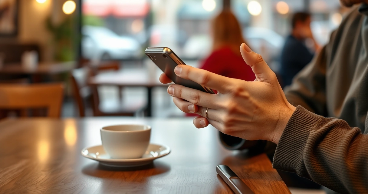 Pessoa segurando um celular na mesa de uma cafeteria